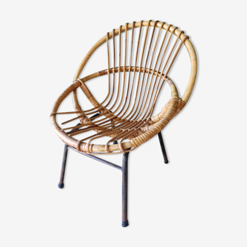 Chaise fauteuil coquille enfant acier rotin bambou vintage