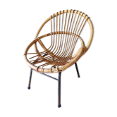 Chaise fauteuil coquille enfant acier rotin bambou vintage