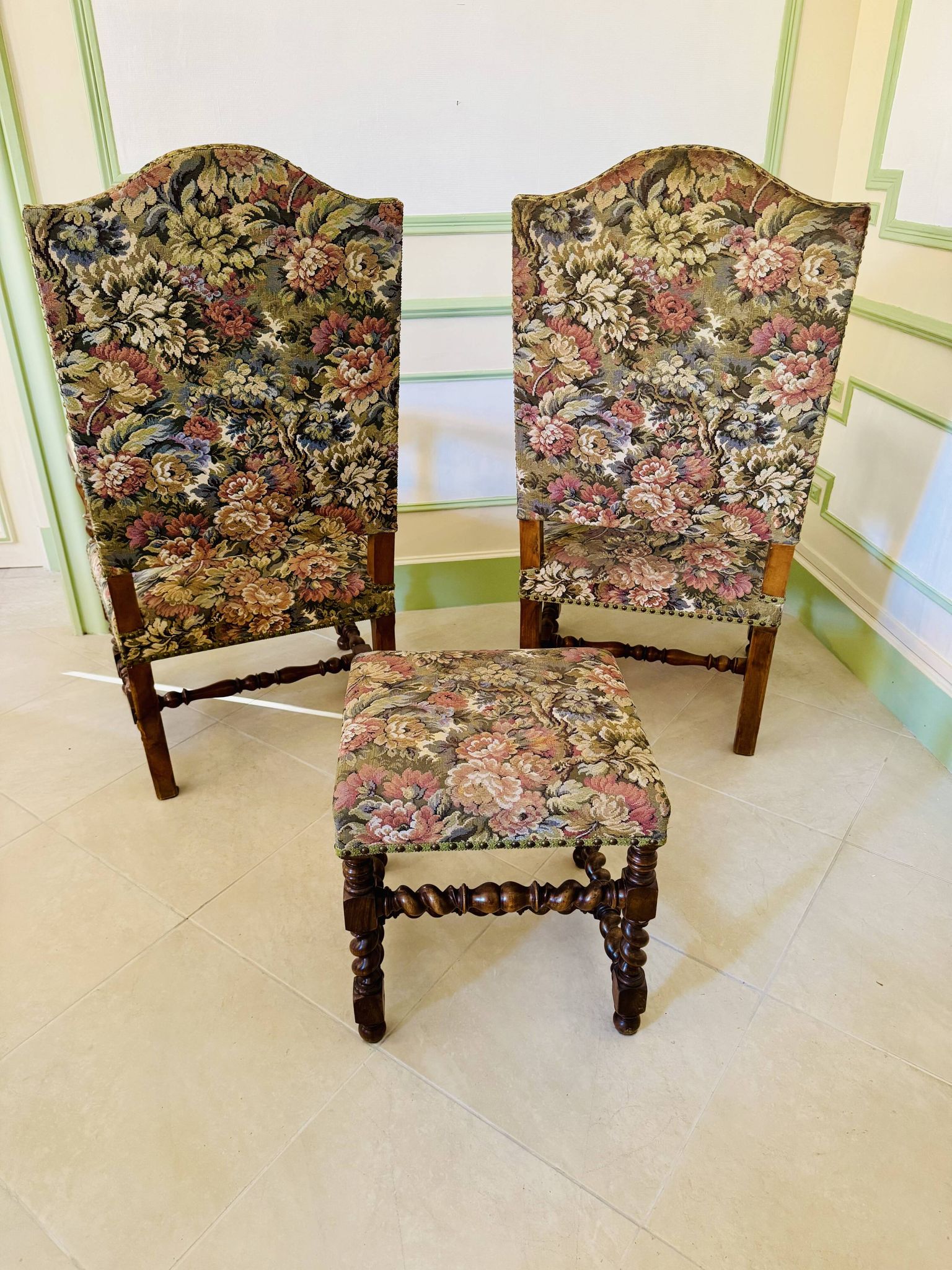 Pair of antique armchairs in Henri II / Neo-Renaissance style + footrest
