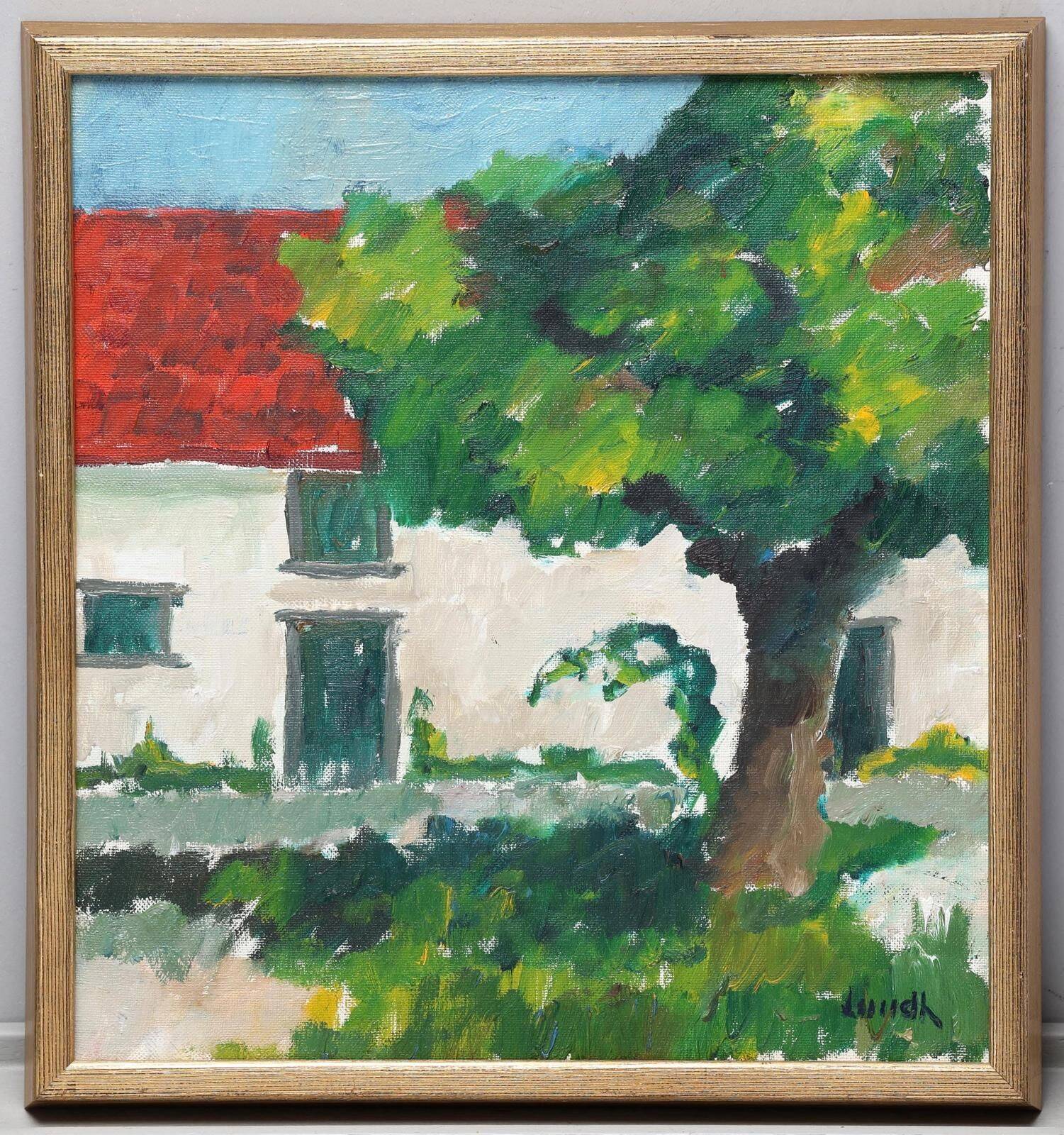 Huile sur toile suédoise « Arbre près de la maison » par Karl Bertil Lundh, milieu XXème
