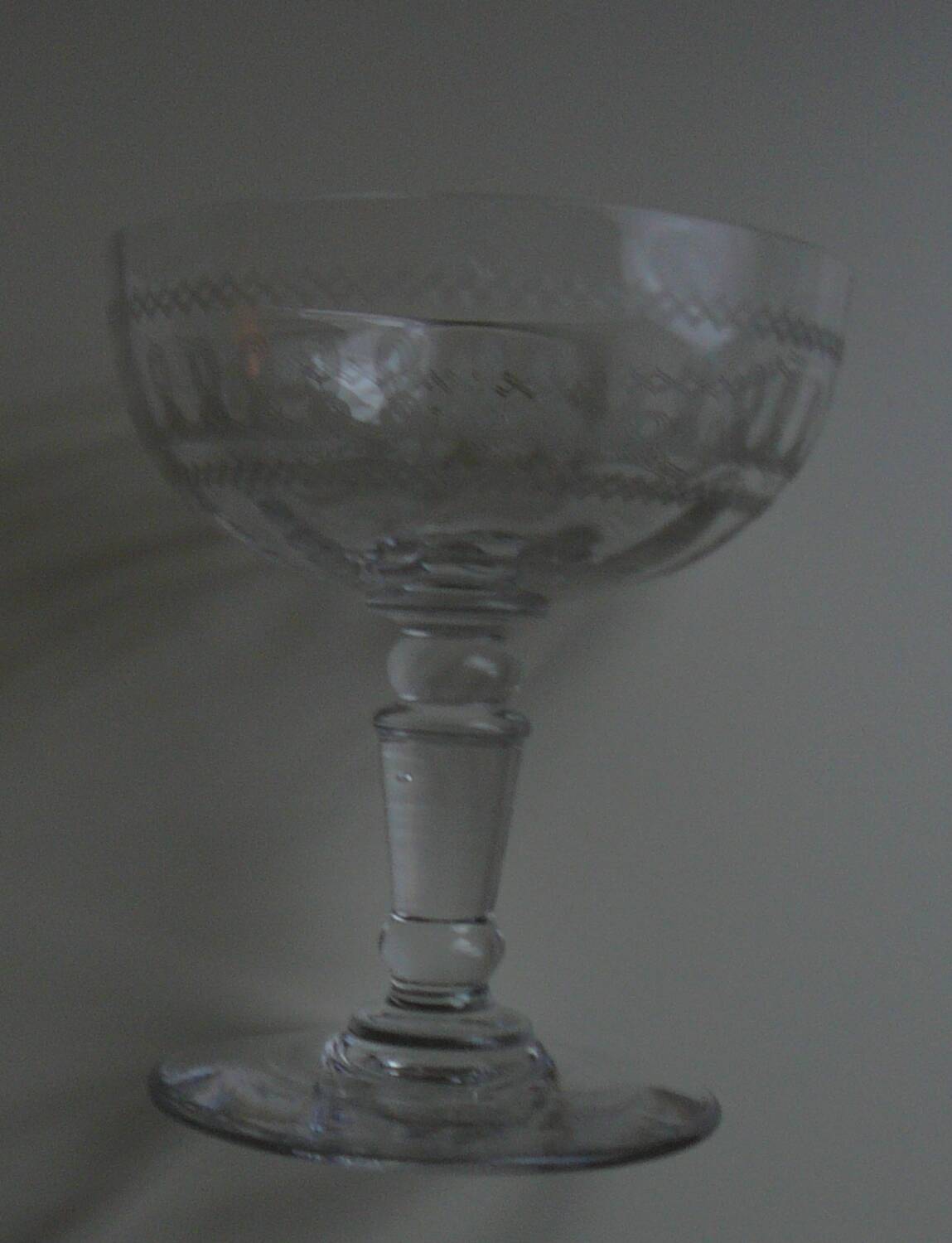 8 Antique Engraved Crystal Champagne Glasses 250517
