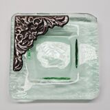 Murano glass catchall, corner adorned with baroque patterns.