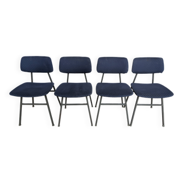 Set of 4 Vintage Stol Kamnik School Chairs Blue Upholstered Retro Dining Ch