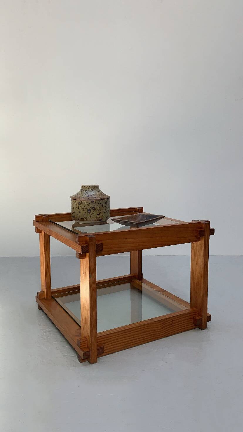 Small glass and pine side table, 1970s