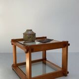 Small glass and pine side table, 1970s