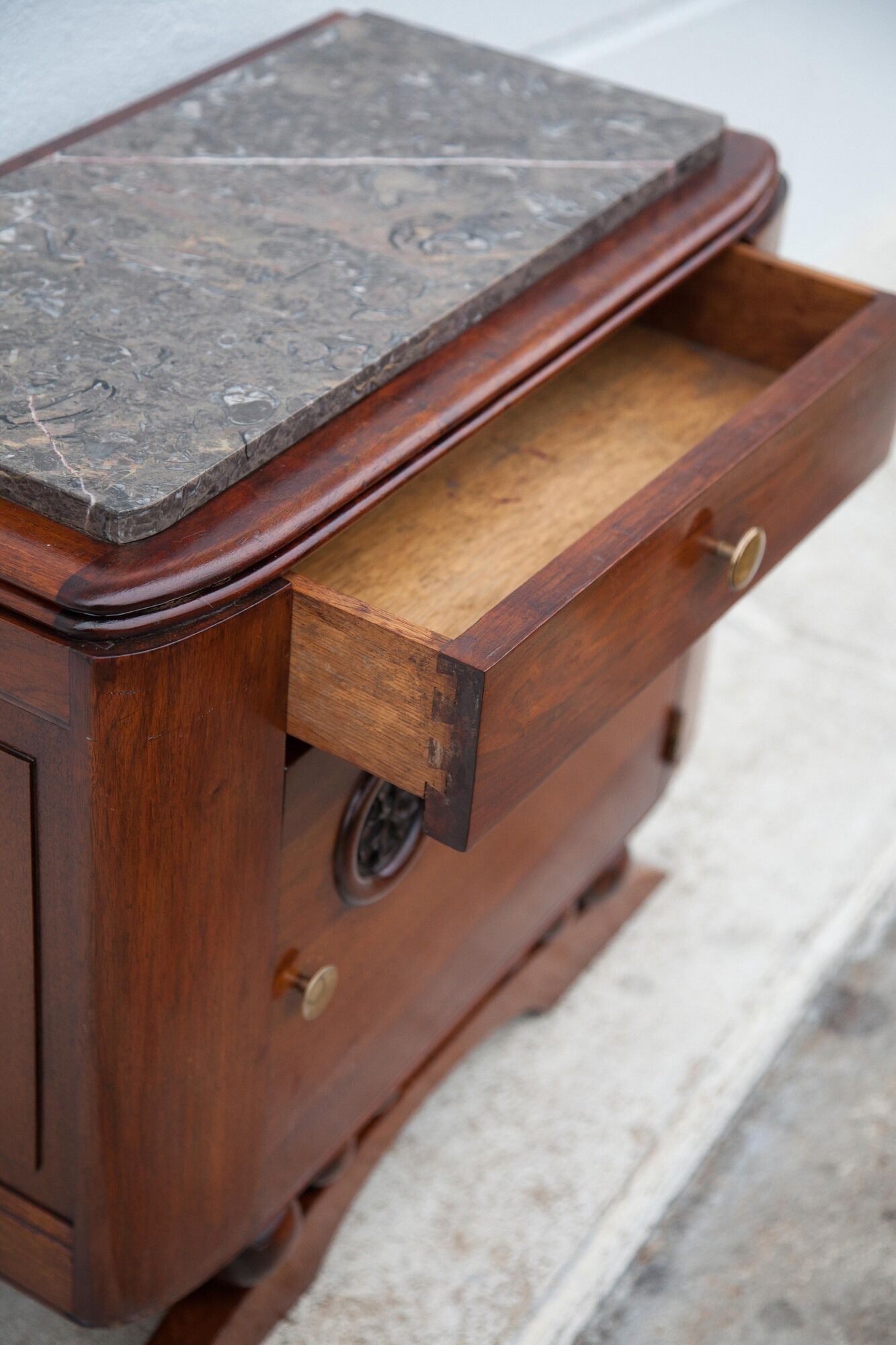 Art Deco bedside table, wood and marble deco nightstand, end of sofa, art deco