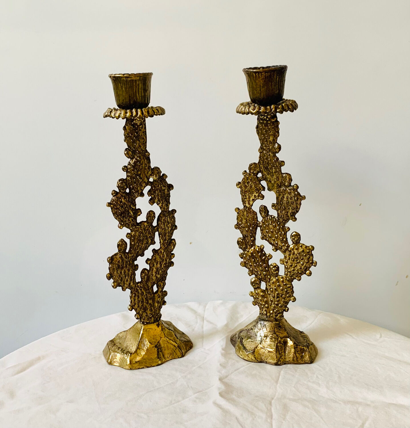 Old pair of vintage Hein Holon Israel cactus candlesticks