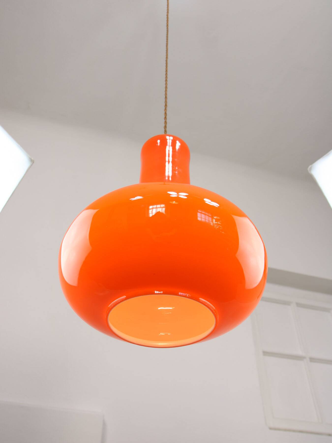 Mid-Century Italian Orange Glass and Brass Pendant Lamp