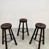3 tabourets de bar brutaliste en cuir, Espagne 1970