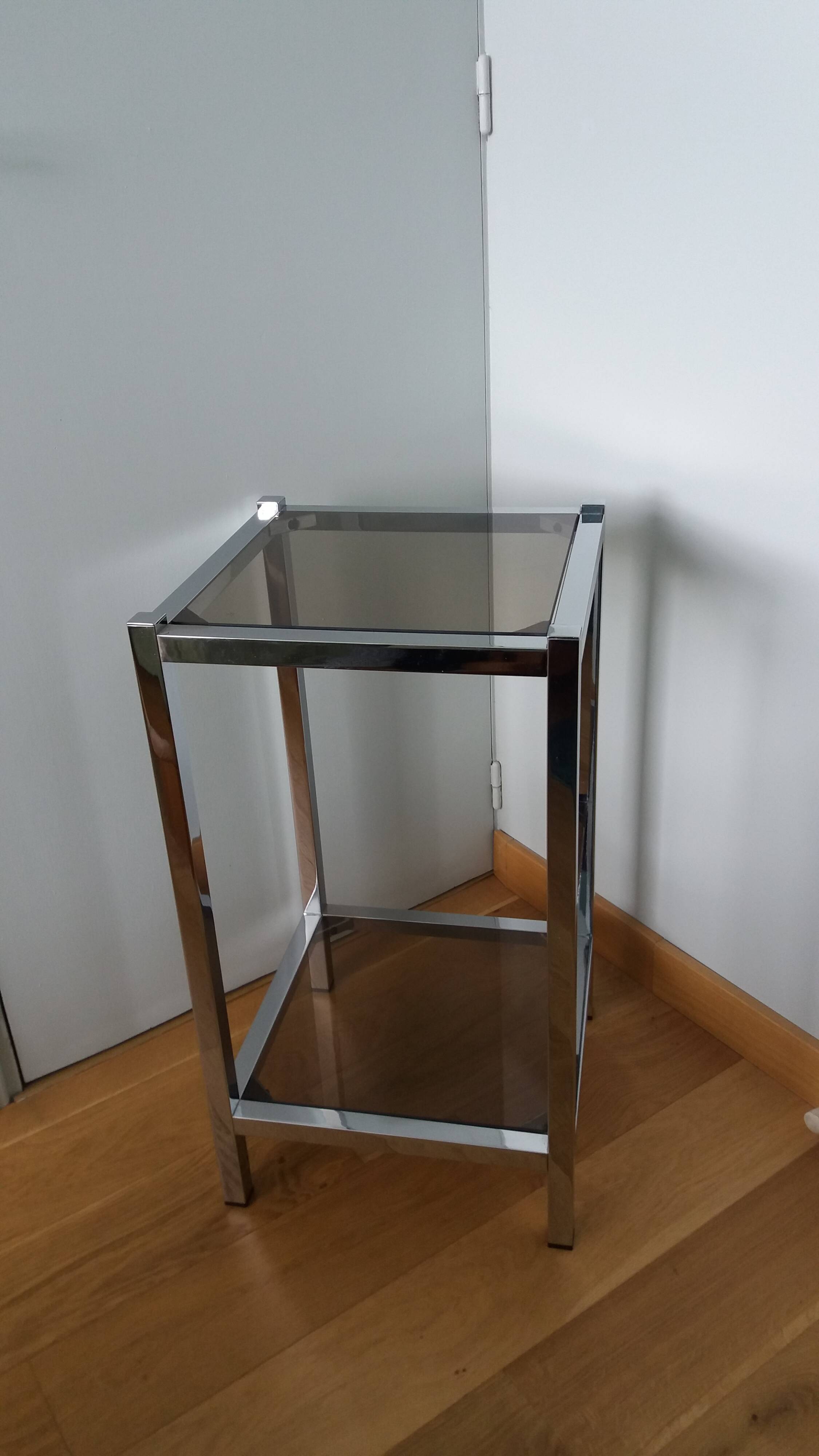 Chrome metal and smoked glass console