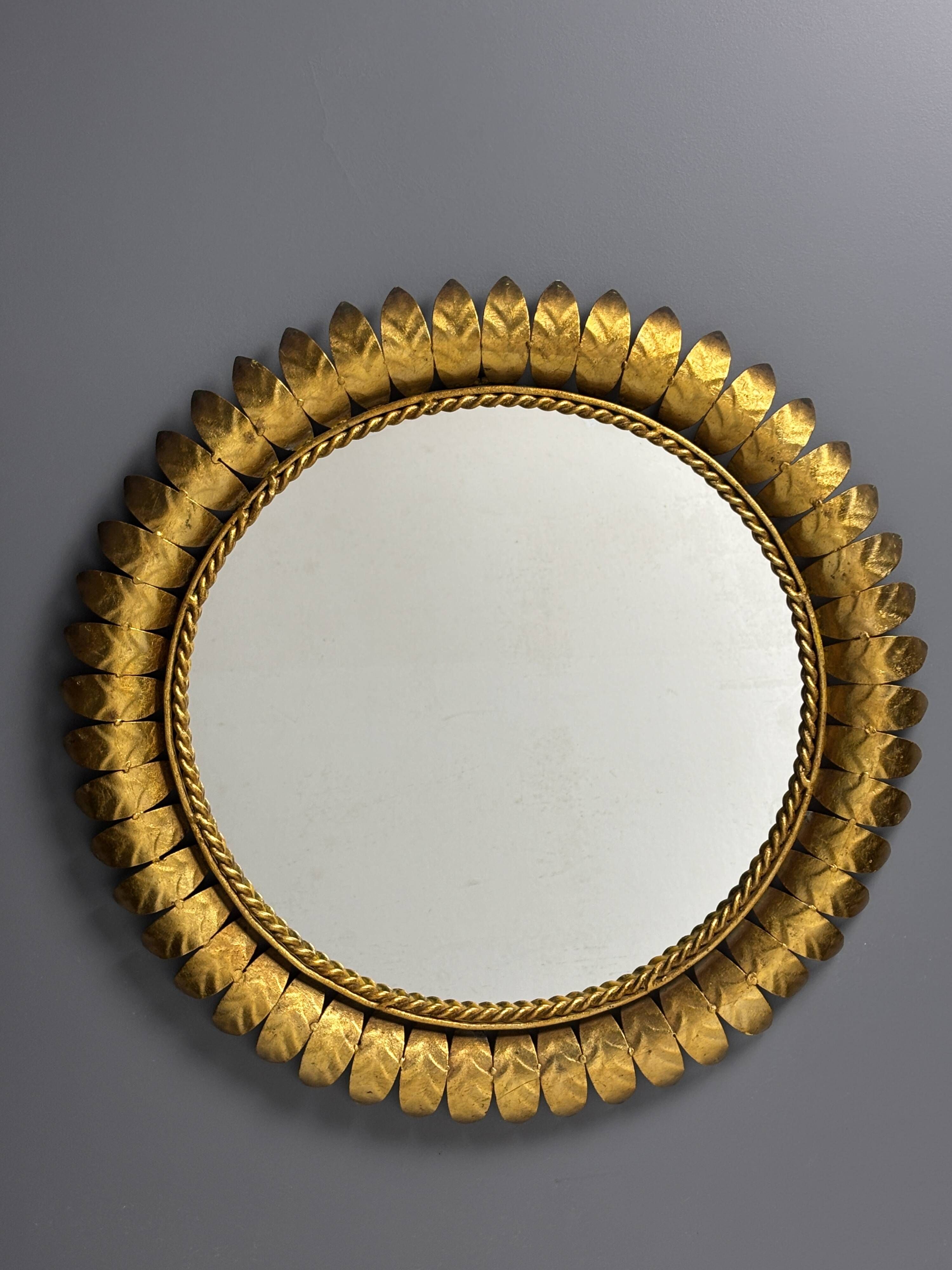 Midcentury bohemian Hollywood Regency Spanish gilt metal sun mirror, 1960s