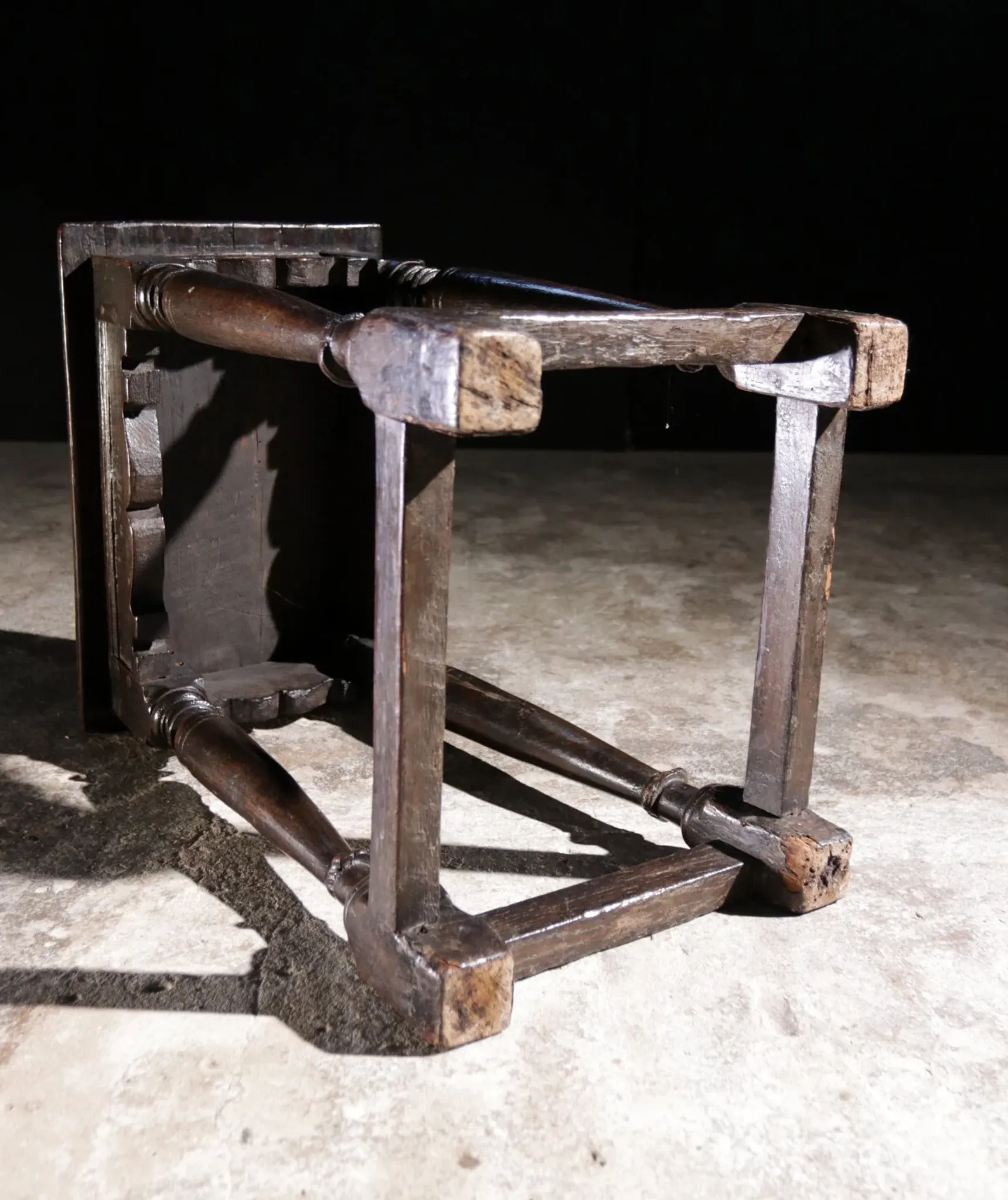 17th-century English oak joint stool with turned legs