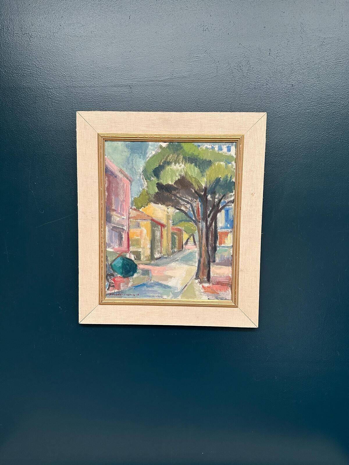 Huile sur toile originale suédoise – « Rue urbaine » par Ingrid Hedman Koppang