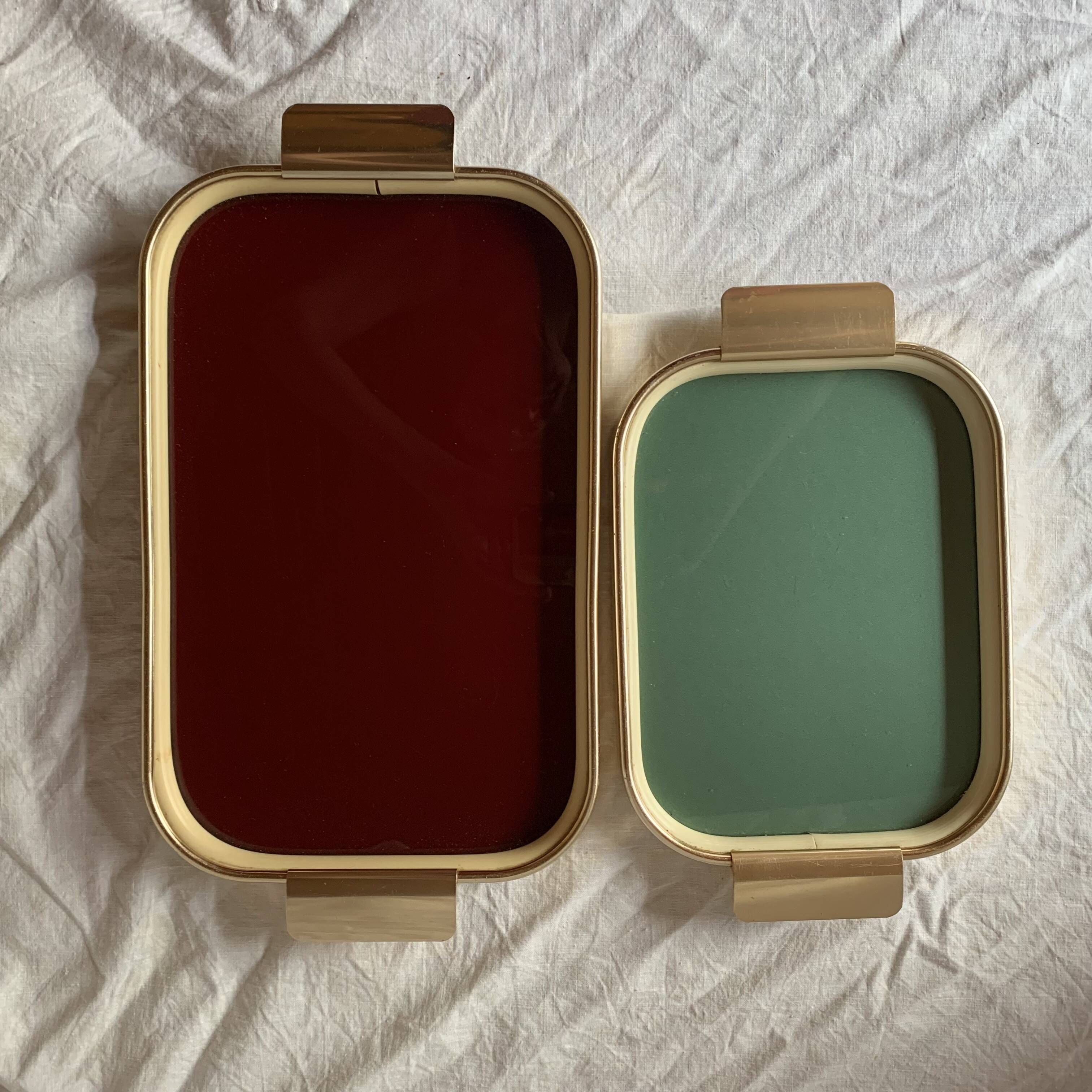 Duo of Art Deco serving trays in gold anodized aluminum and glass - MB Italy