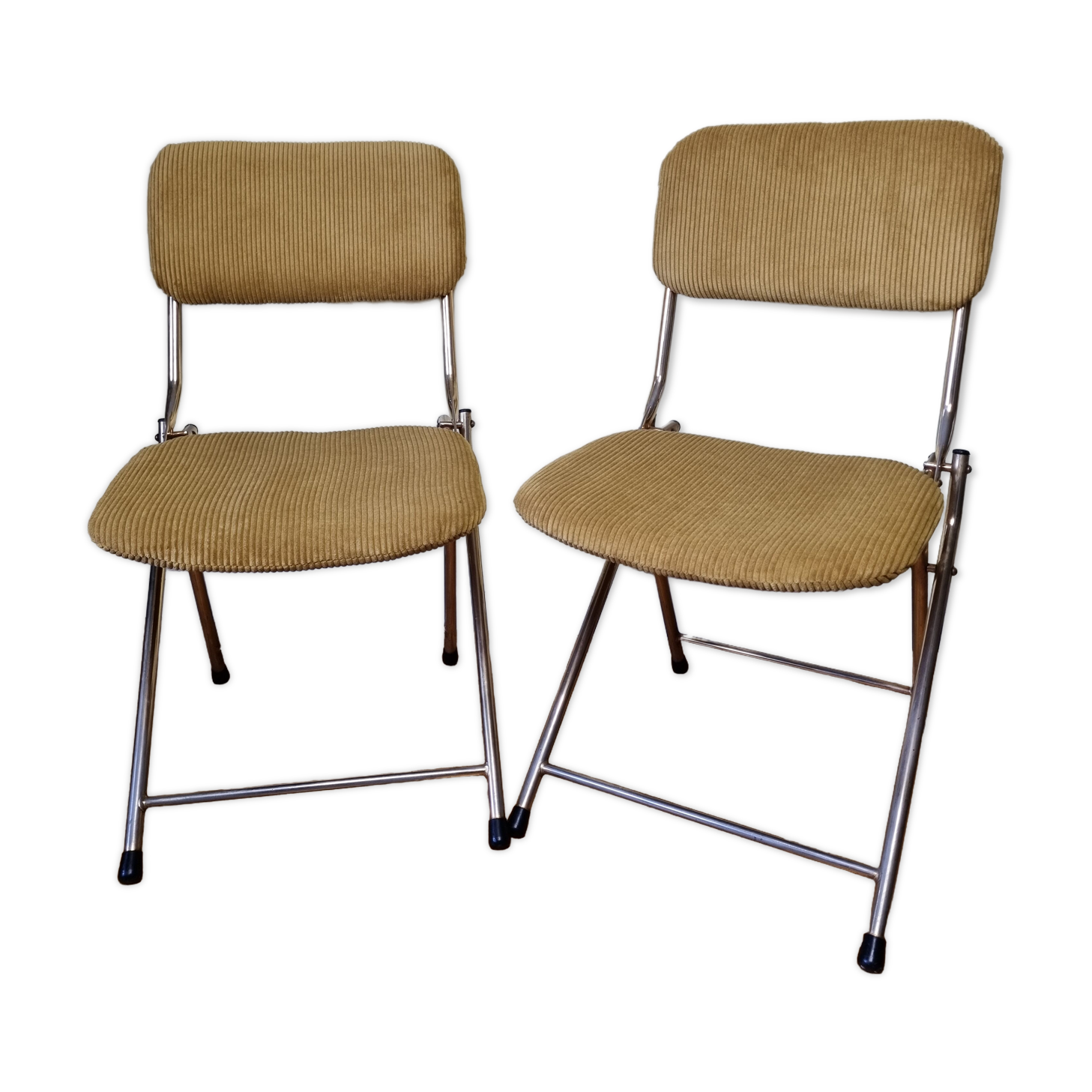 Pair of vintage folding chairs in gilded metal and 70s fabrics, restored