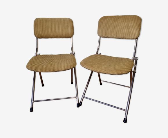 Paire de chaises pliantes vintage en métal doré et tissus années 70, restaurées