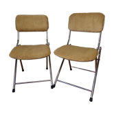 Paire de chaises pliantes vintage en métal doré et tissus années 70, restaurées