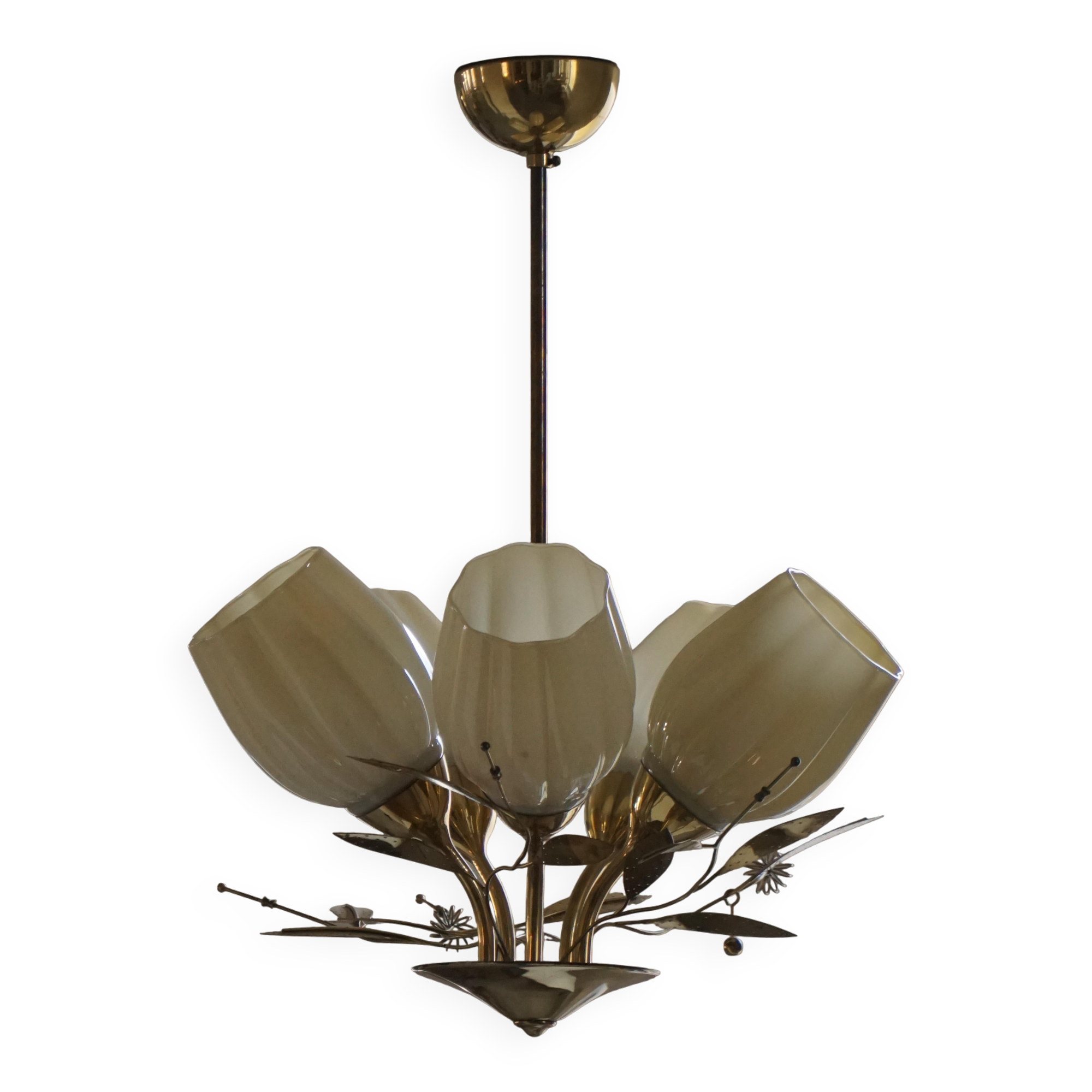 Ceiling lamp with five lights in mid-century modern style, opal glass shade, Itsu, Finland.