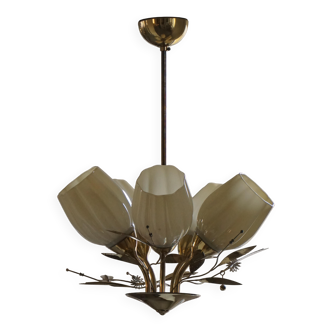 Ceiling lamp with five lights in mid-century modern style, opal glass shade, Itsu, Finland.