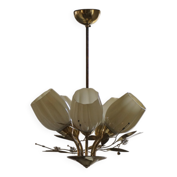 Ceiling lamp with five lights in mid-century modern style, opal glass shade, Itsu, Finland.