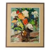 Original Large Swedish Mid-Century Oil on Canvas " Impressionistic Floral Arrangement in a Vase"