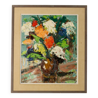 Original Large Swedish Mid-Century Oil on Canvas " Impressionistic Floral Arrangement in a Vase"