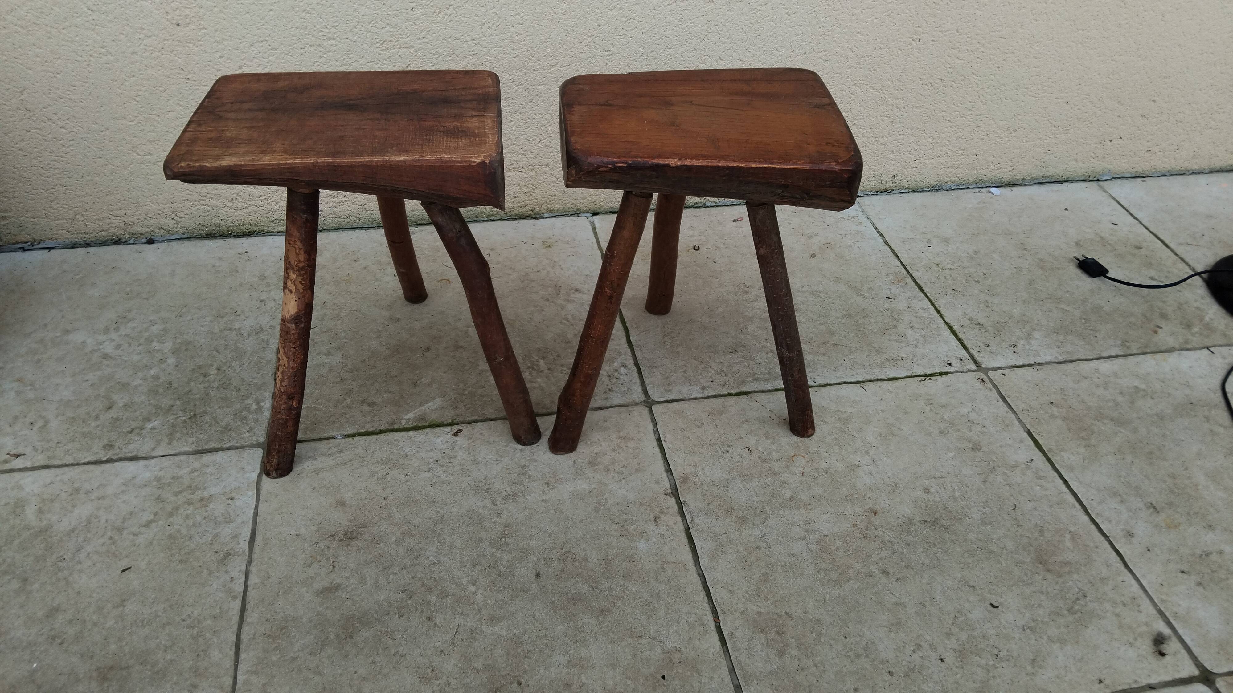 Pair of tripod stools, vintage brutalist style, solid wood