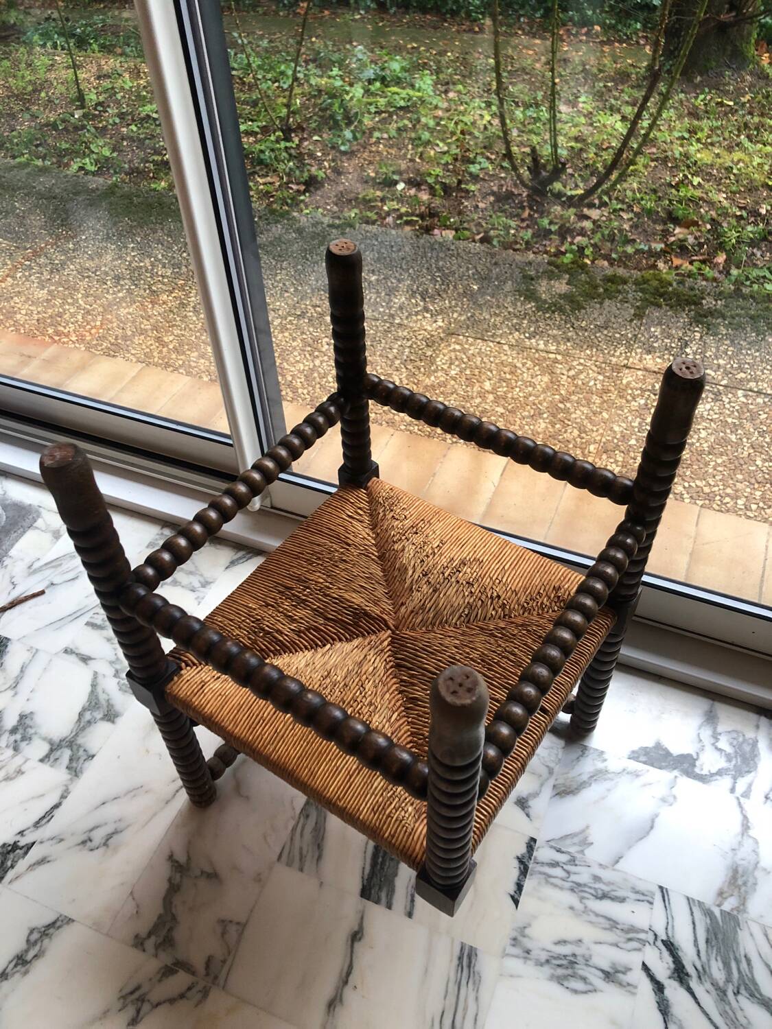 Art Deco corner chair in bobbin oak and straw, 1930s