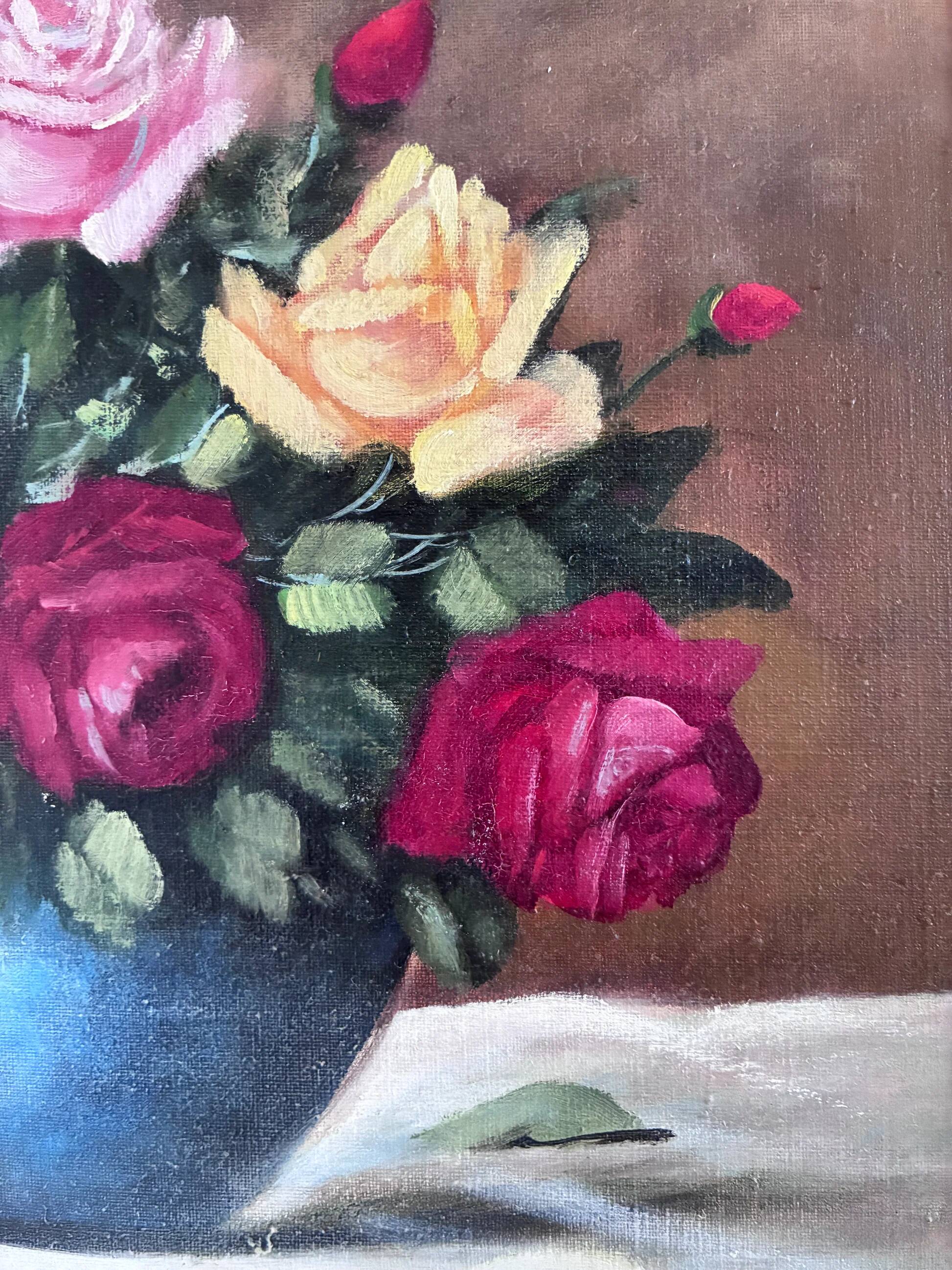 Vintage original floral rose oil painting, signed flower art