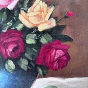Vintage original floral rose oil painting, signed flower art