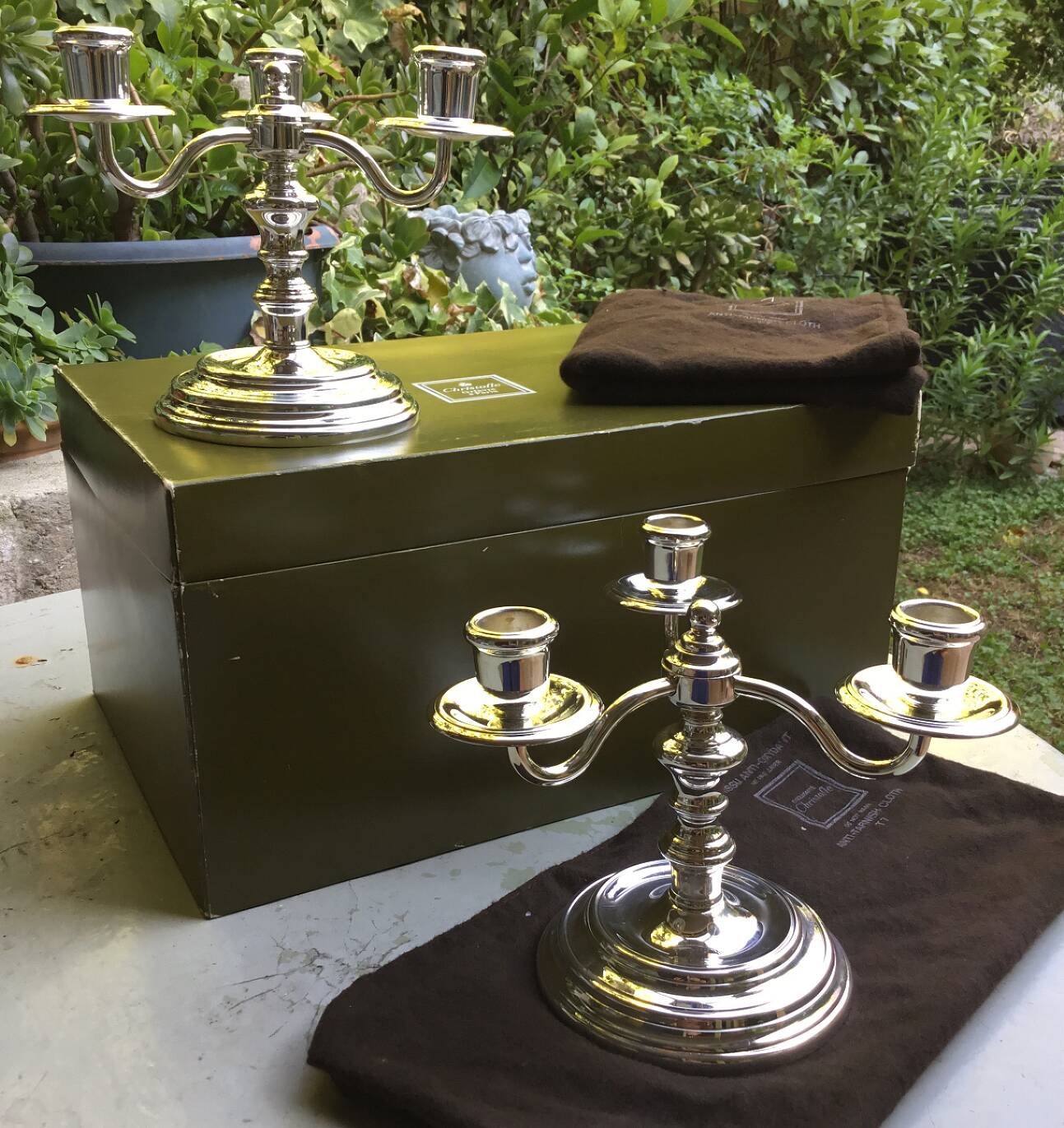 Christofle pair of three-armed silver-plated metal candelabras