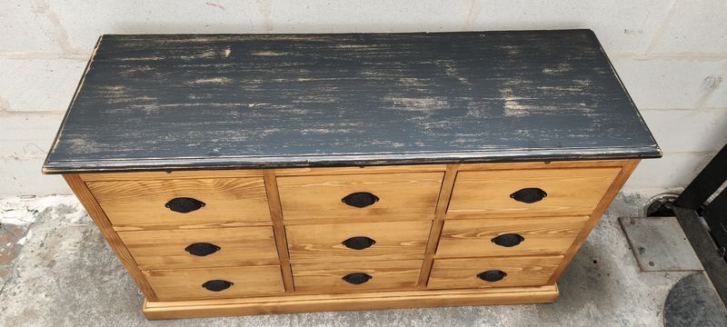 Furniture with drawers waxed pine above black top three tablets furniture of trade