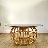 designer round coffee table in rattan and smoked glass 70s