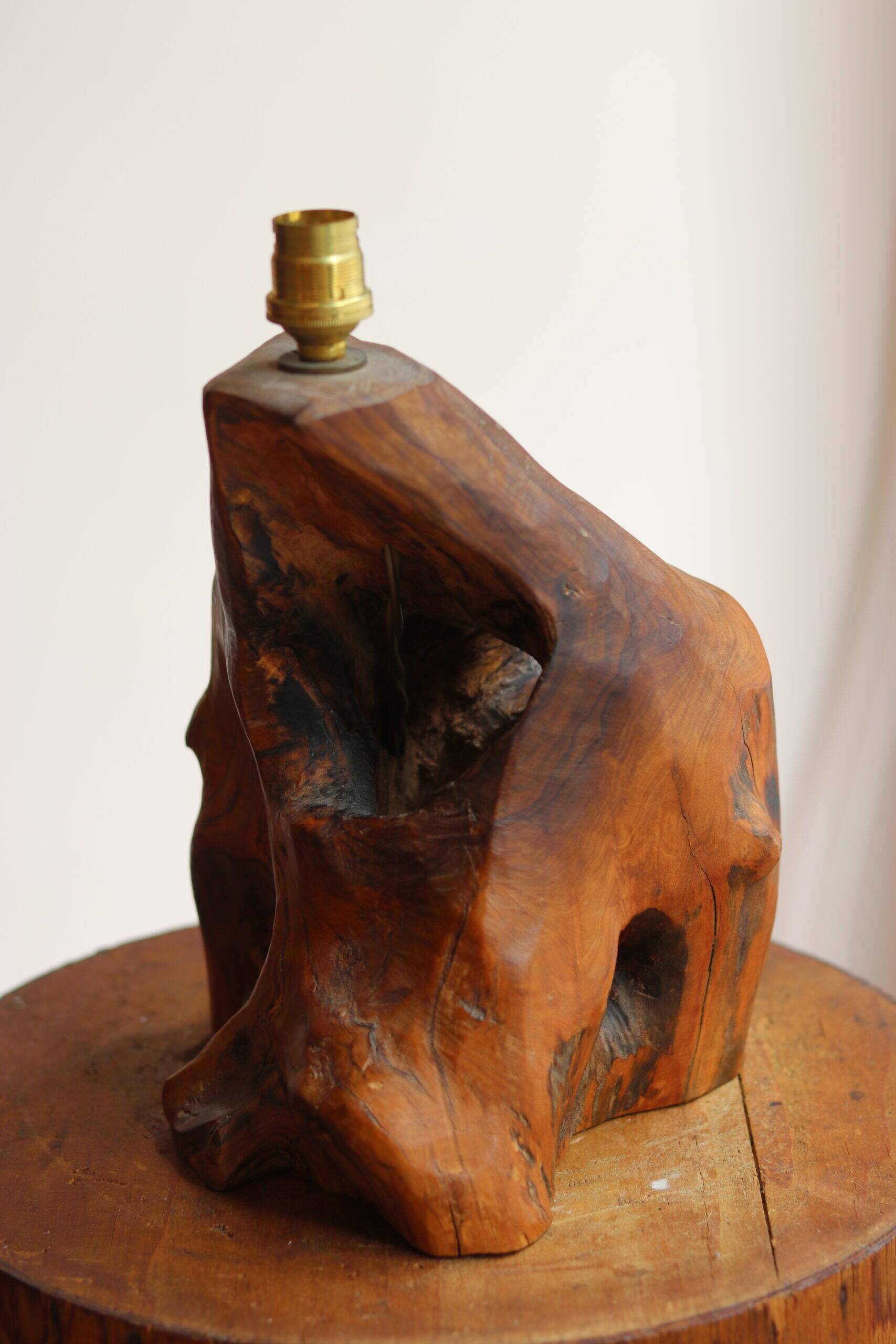 Large 1960s lamp made of olive wood.
