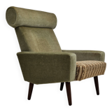 1970s, Danish armchair, original condition, furniture velour, woven wool fabric, teakwood.