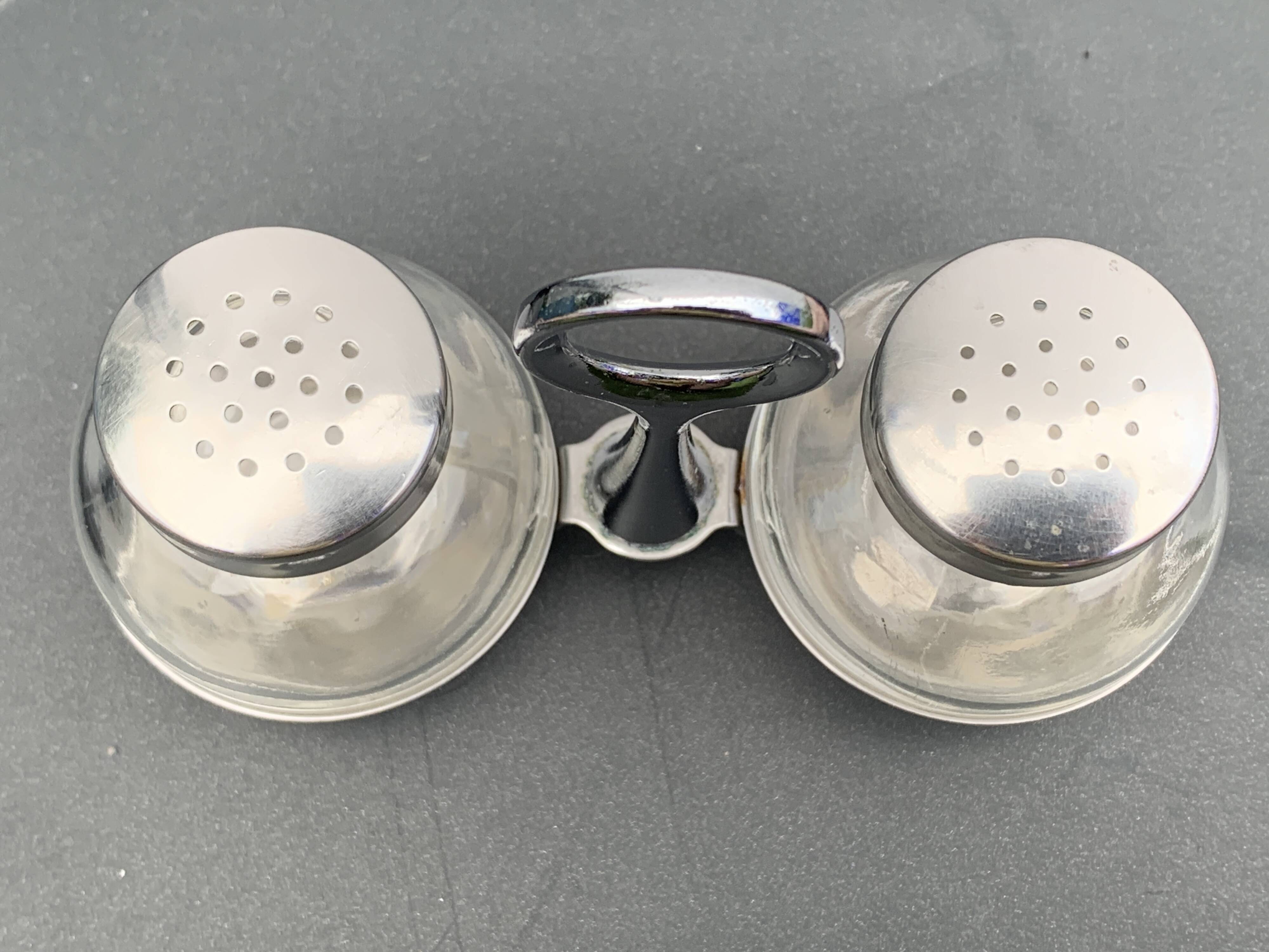 German salt and pepper shaker WMF in metal and glass, 1970