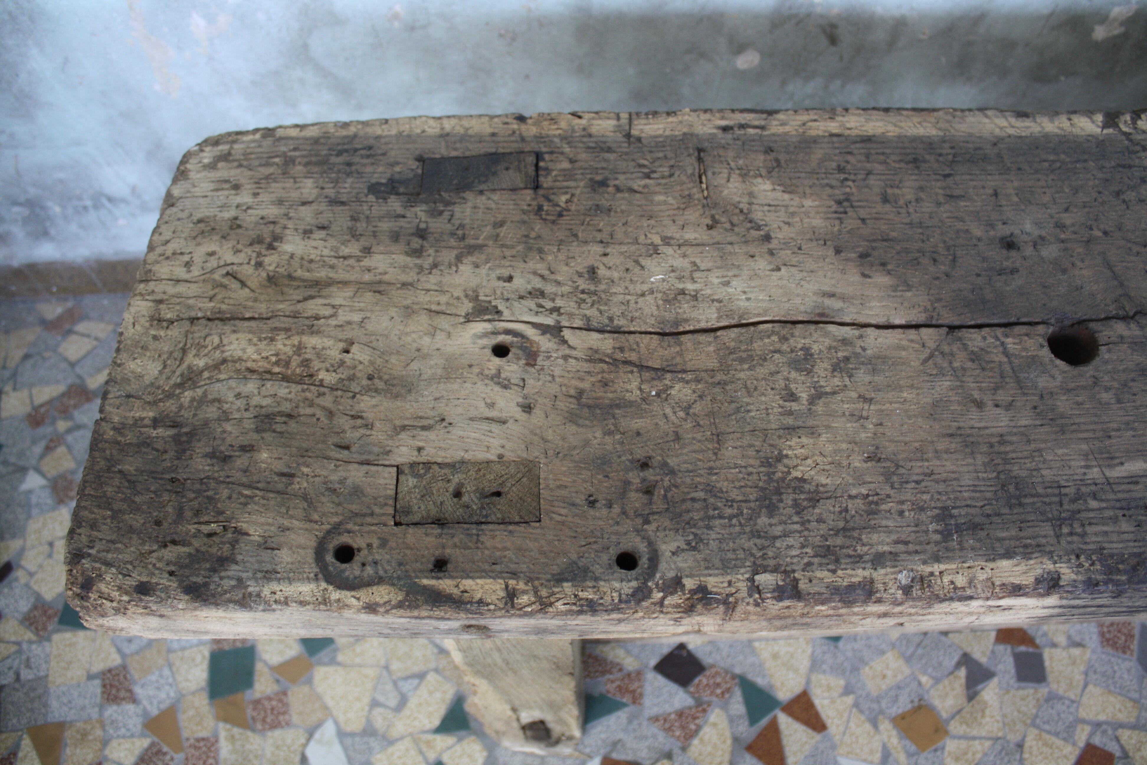 Ancient workbench in raw wood