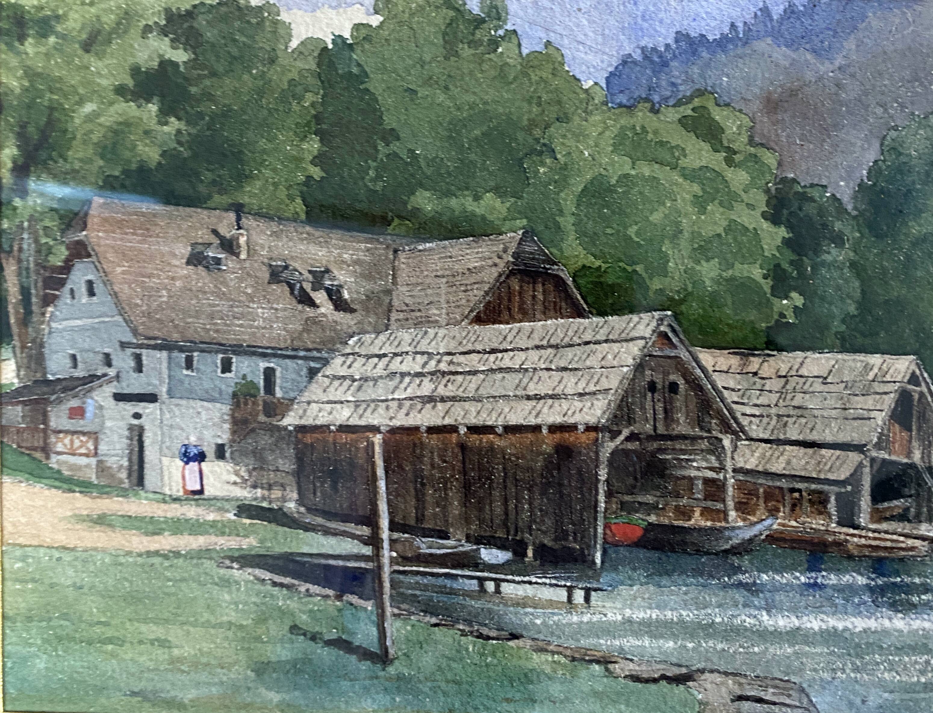 Watercolor paintings Austria Furberg and Unterach and frame circa 1950