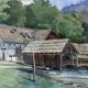 Watercolor paintings Austria Furberg and Unterach and frame circa 1950