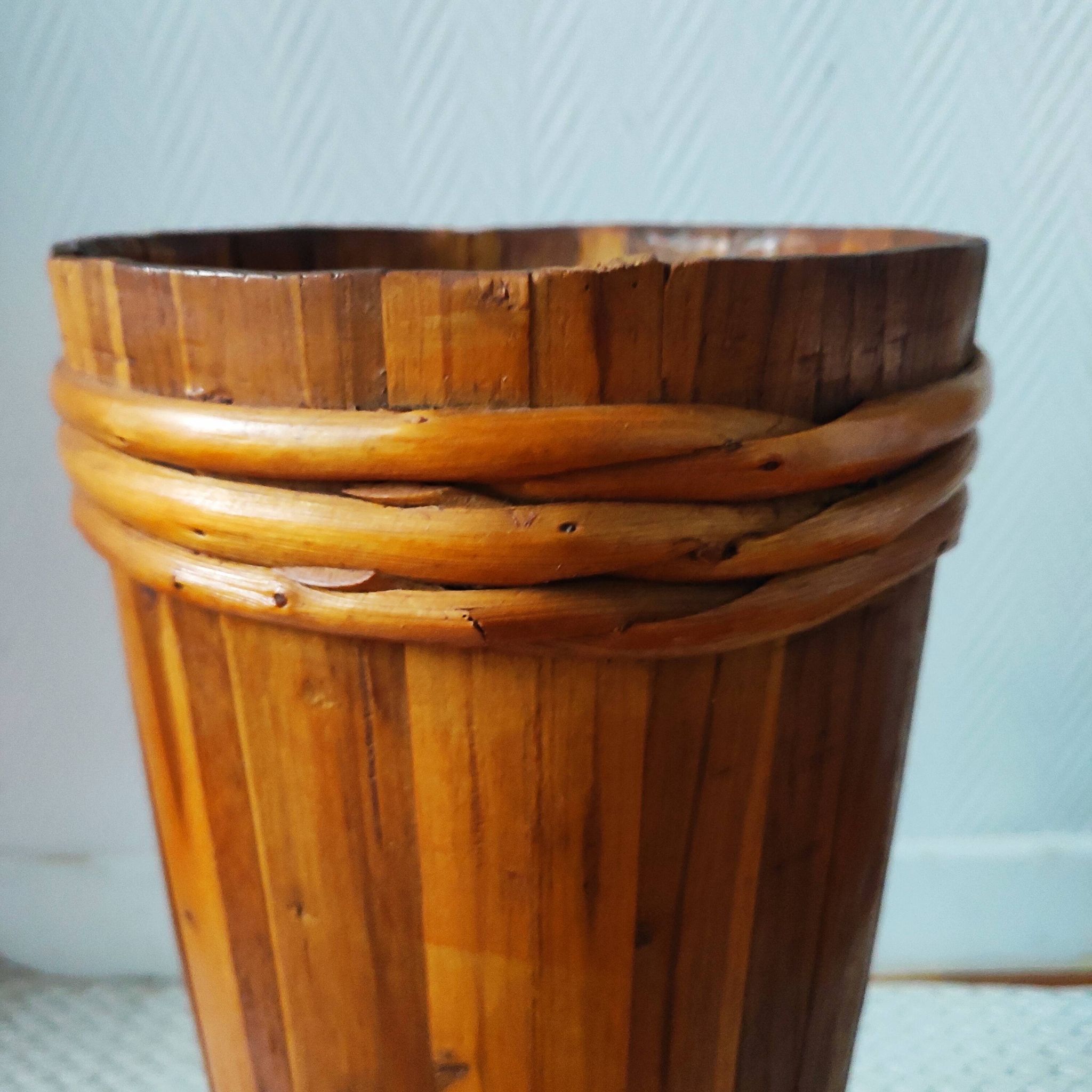 Vintage wooden and rattan umbrella stand