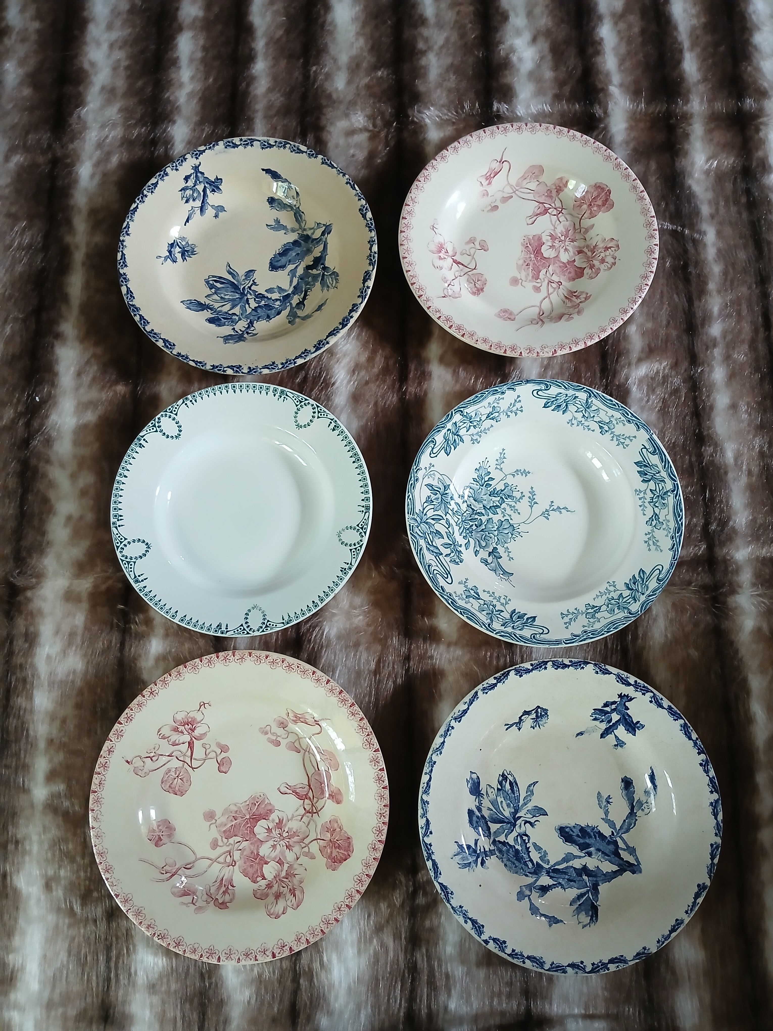 6 mismatched vintage deep plates in ironstone