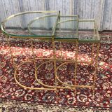 Suite of 3 trundle tables in golden brinze and glass slabs period 1970/1980