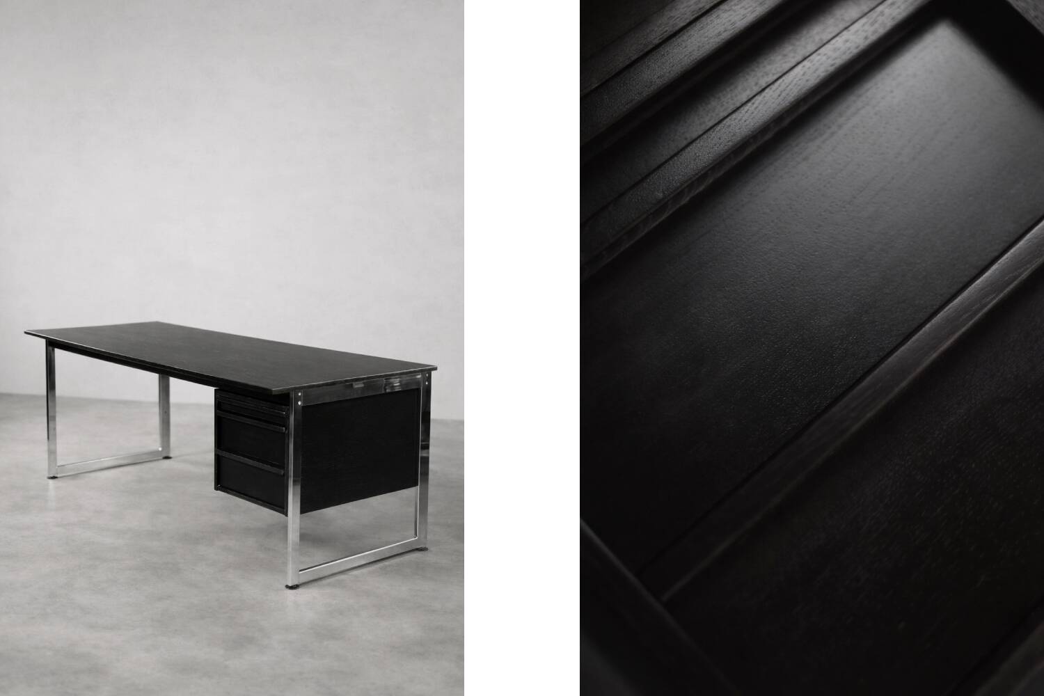 Vintage Mid-Century Danish Modern Minimalist Black Oak Desk with Chrome Base