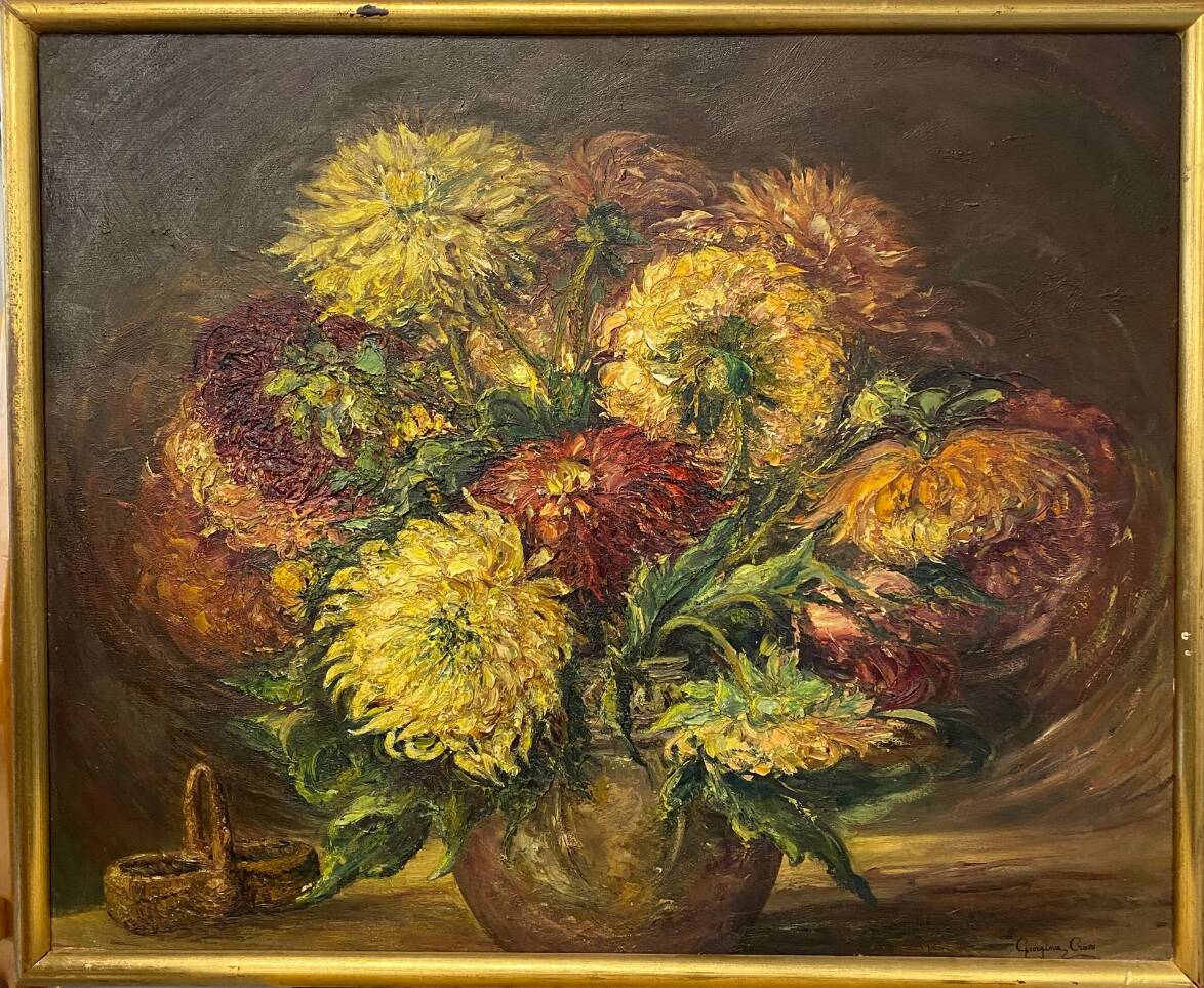 Georgina Cross tableau bouquet of flowers oil on panel