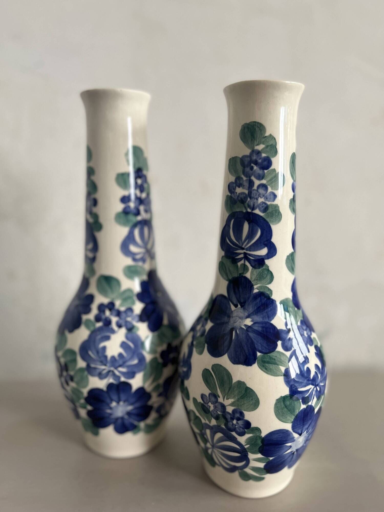 Lot of large Polish ceramic vases with hand-painted blue floral decoration