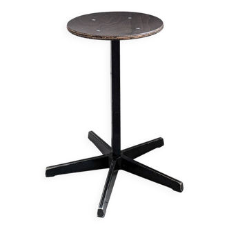 5 pièces disponibles - Mid Century Tabouret Industriel Métal Pied Compas Bois Industrie Vintage Rétr