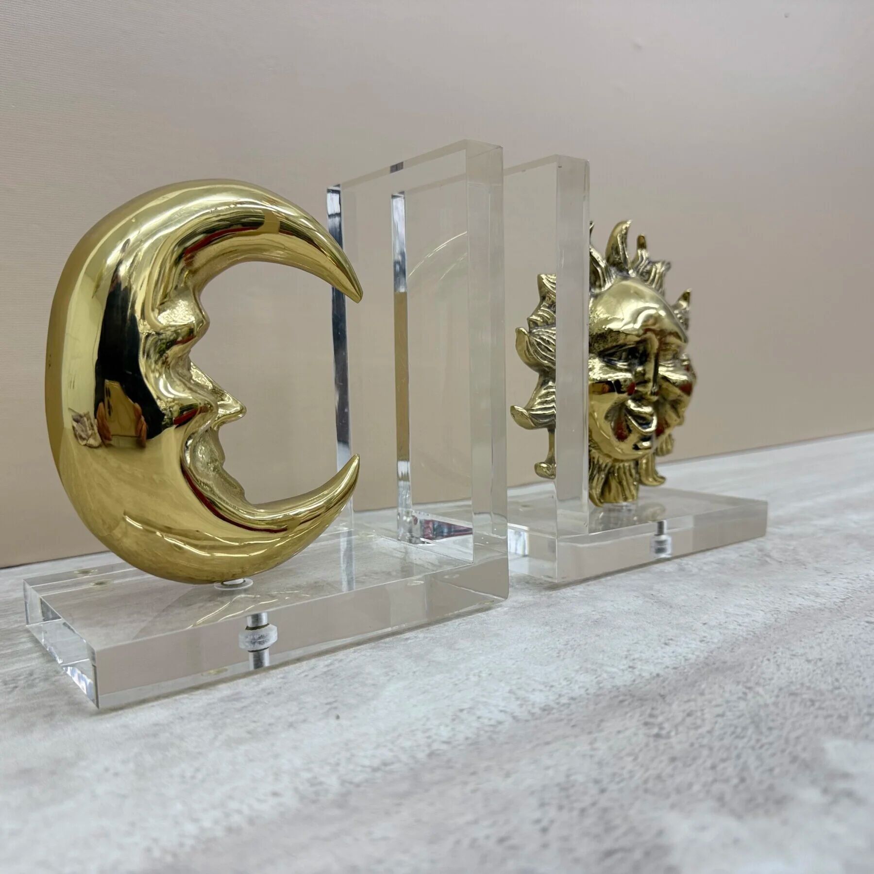 Vintage bookends sun and moon lucite and brass, 1970s