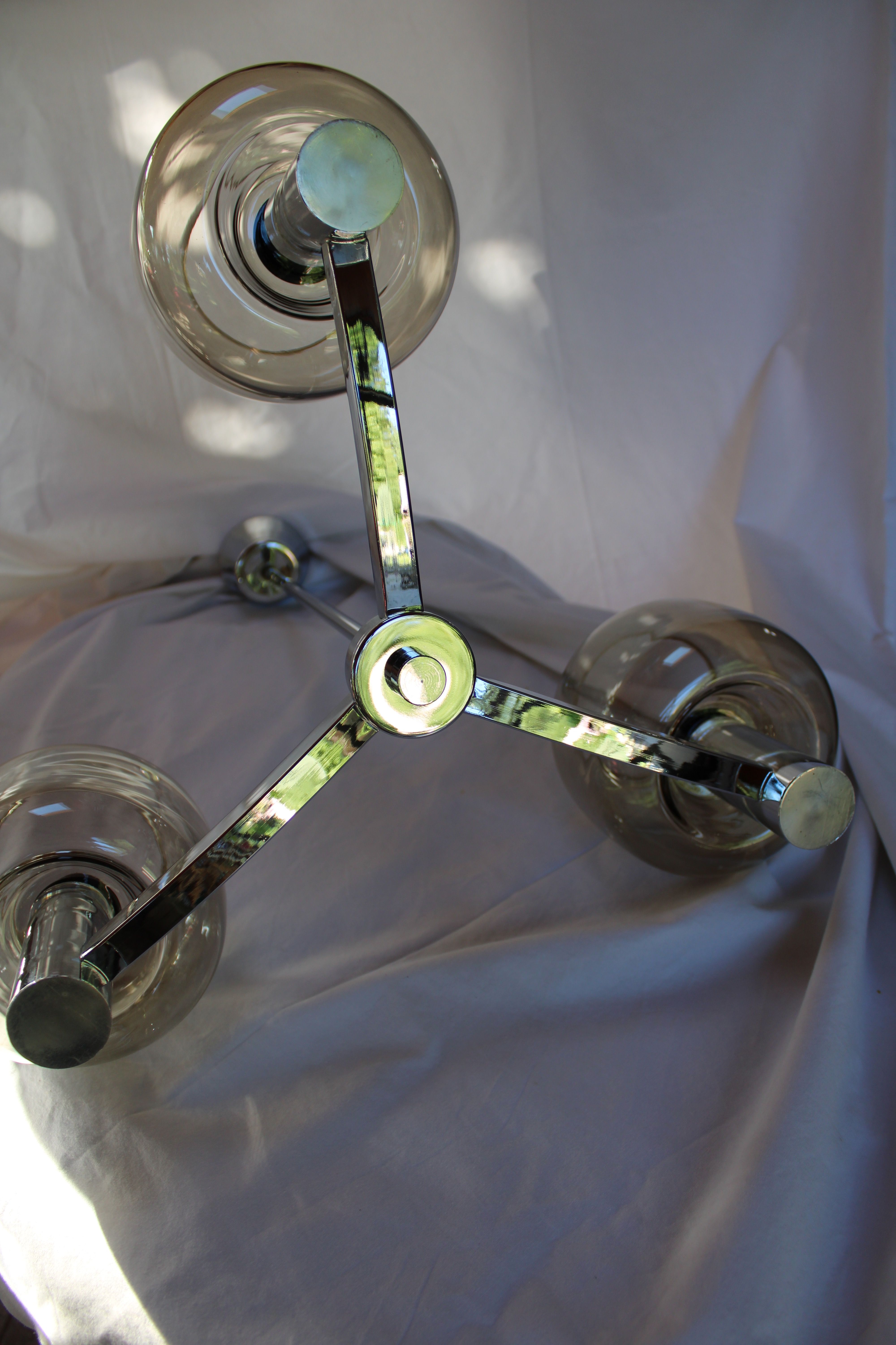 Chrome metal chandelier 3 vintage smoky glass globes