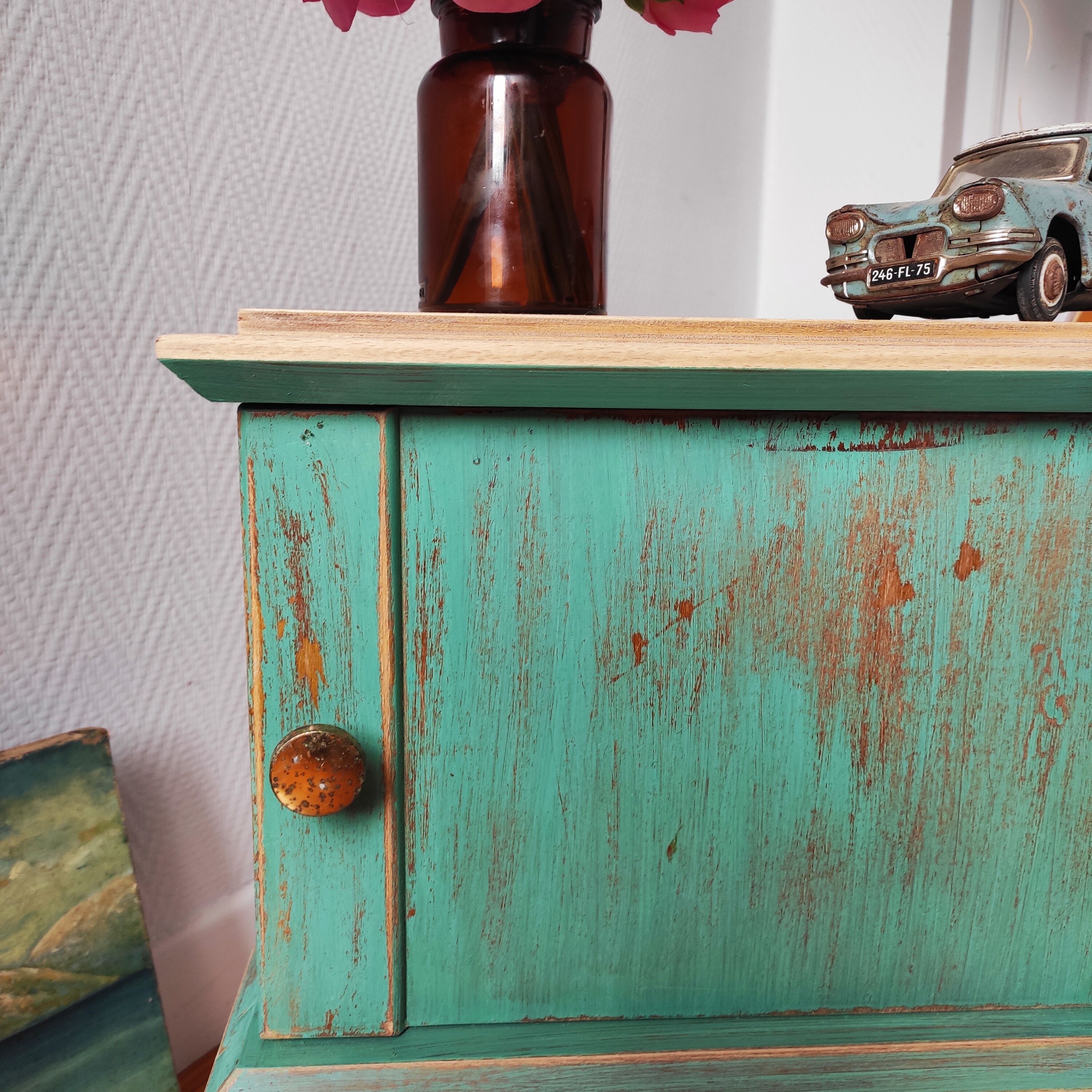 Patinated vintage bedside table