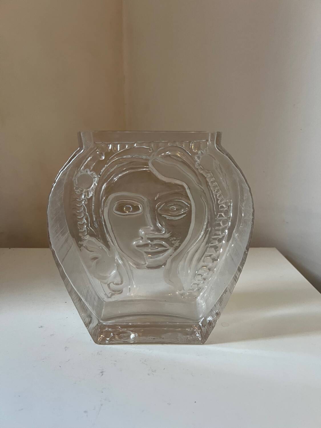 Moulded glass vase with Cubist portrait decoration, modern, 1970.